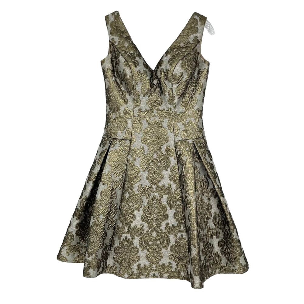 Morrell Maxie Darker Gold Print Dress Sz 4 Party Wedding Cocktail Prom Evening